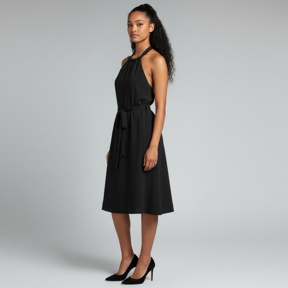 Theory Dresses & Skirts - THEORY Nayline Black Elevate Crepe Halter‎ Dress Attached Tie Belt Size 10